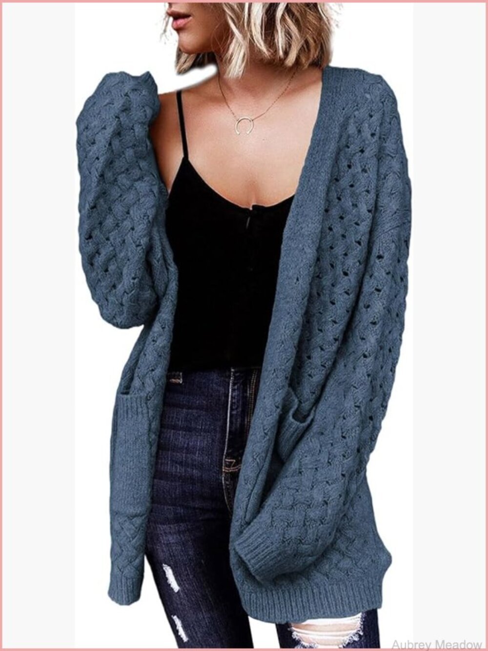 Open Front Cable Knit Cardigan with Pockets